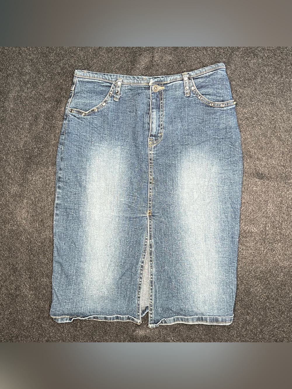 iG GIRL Blue Denim Midi Pencil Skirt, Studded‎ Pockets, Button Closure, Slit